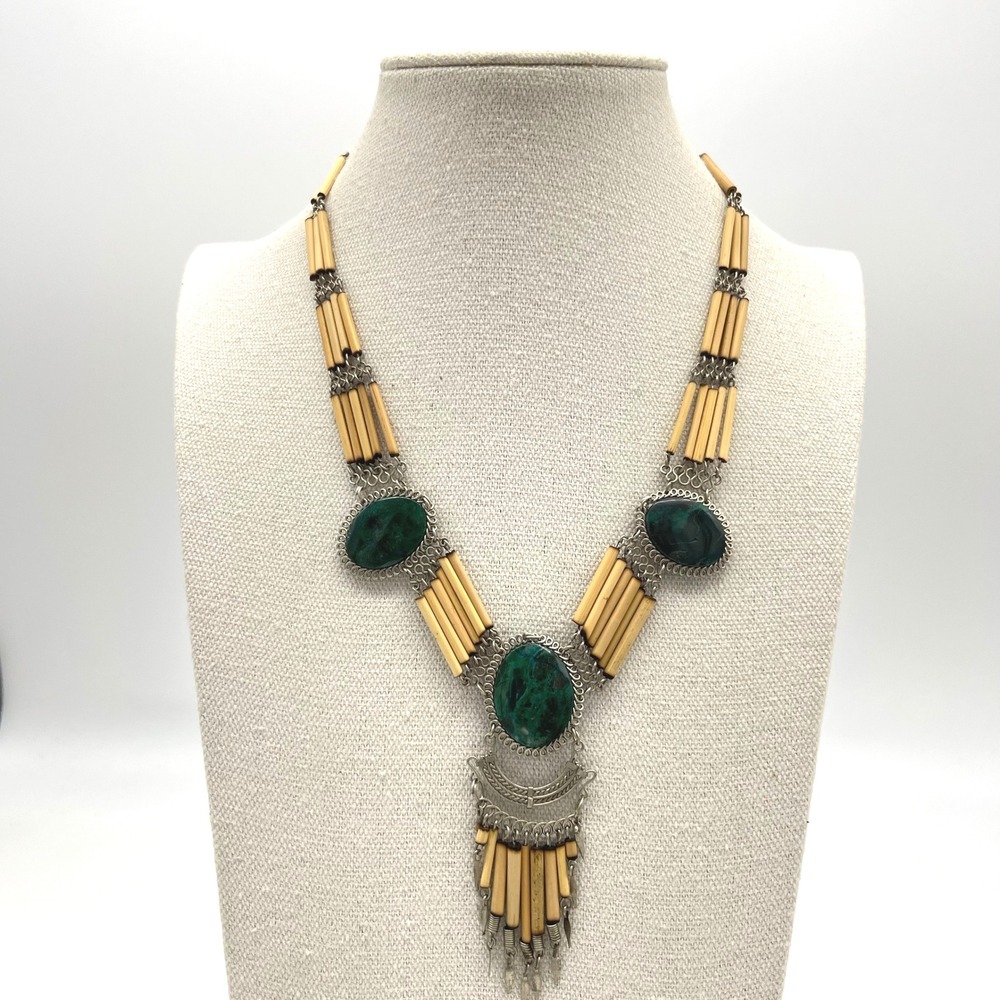 Vintage Statement Necklace Green Stone Silver Tone Bamboo Tribal‎ Boho Bohemian - Picture 6 of 8